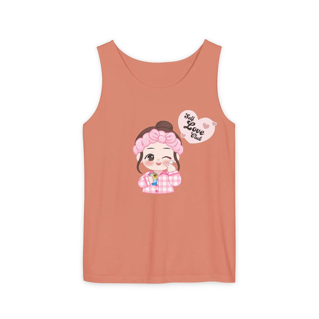 Terracotta colored tank top with a cartoon character and text on a white background