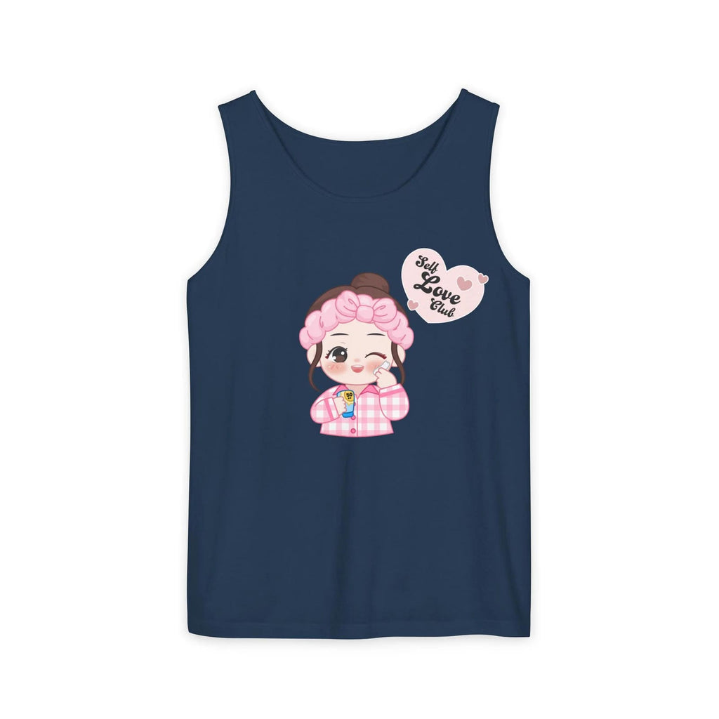 True Navy tank top with a cartoon character and 'Girl Love Club' text on a white background