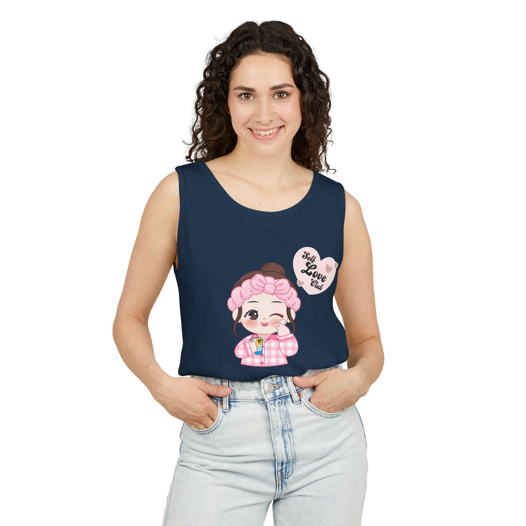 Woman wearing a True navy sleeveless shirt with a cartoon character design on a white background