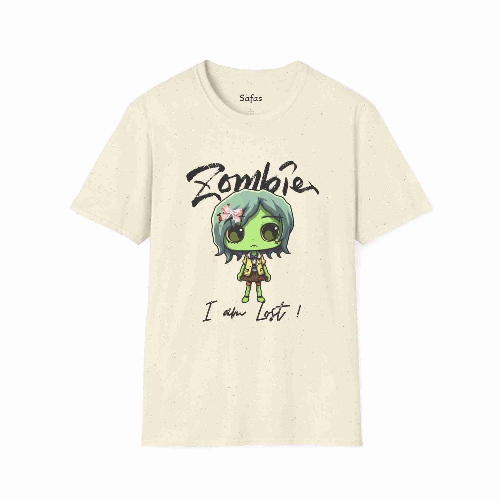 Natural t-shirt with a cartoon zombie design and text on a white background