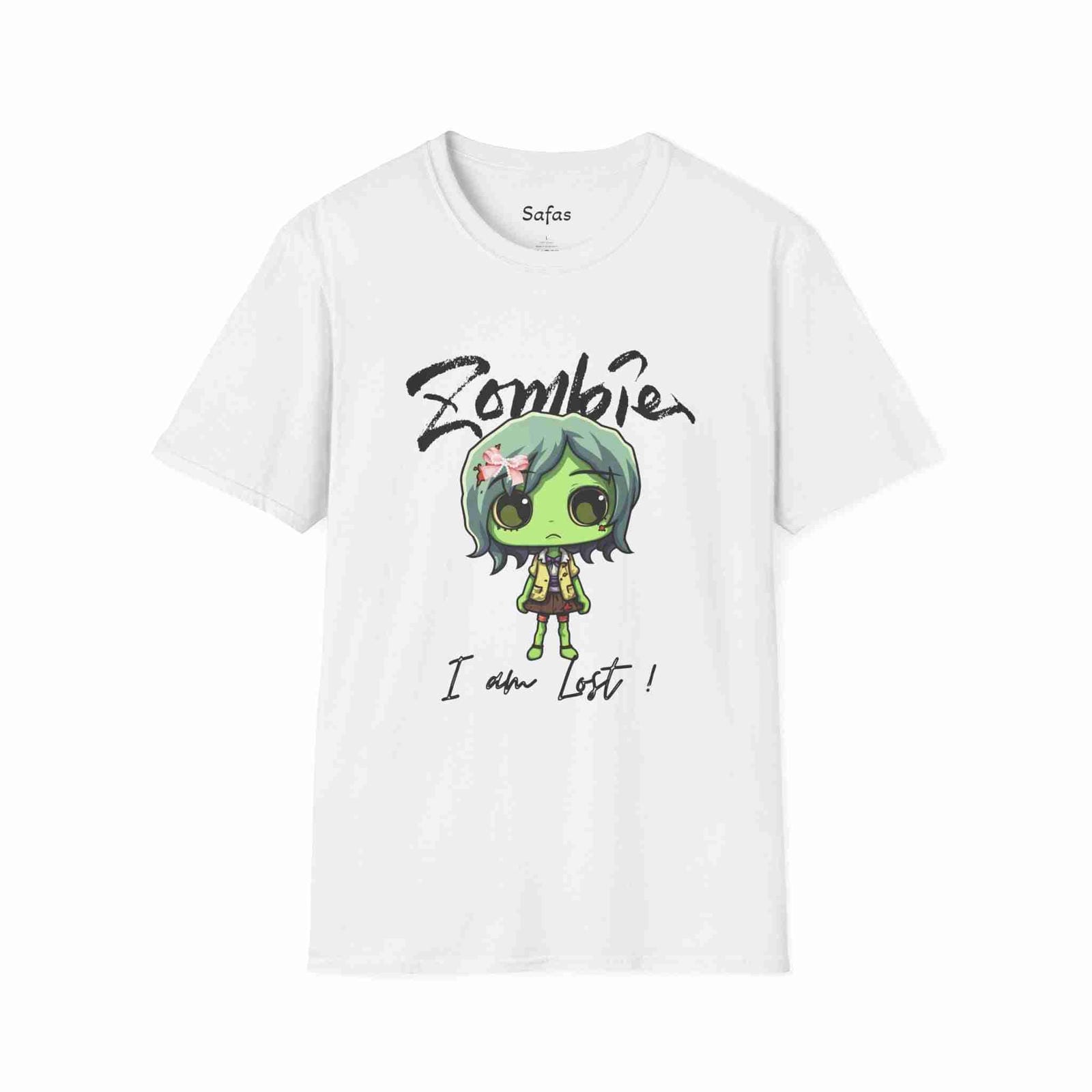 White t-shirt with a cartoon zombie design and text on a white background