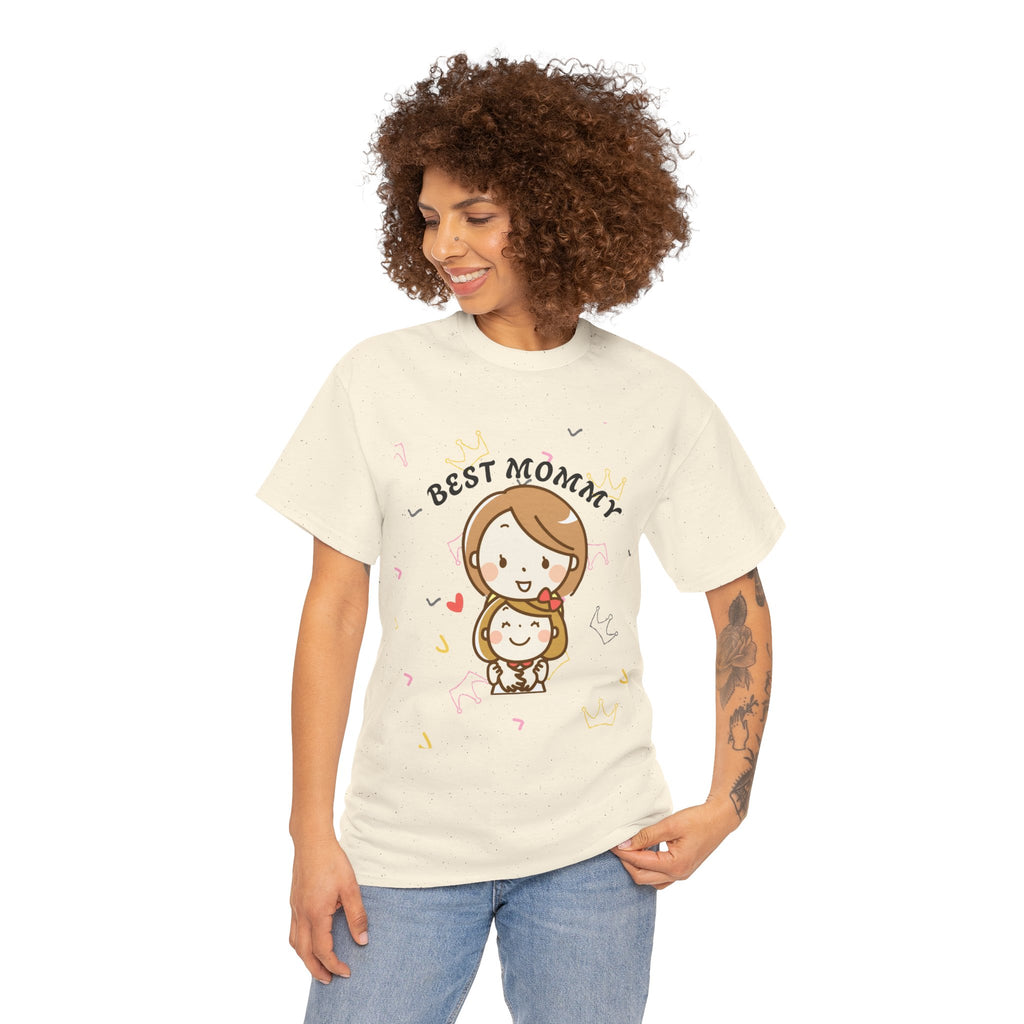 Woman wearing a Natural t-shirt with 'Best Mommy' graphic design on a white background