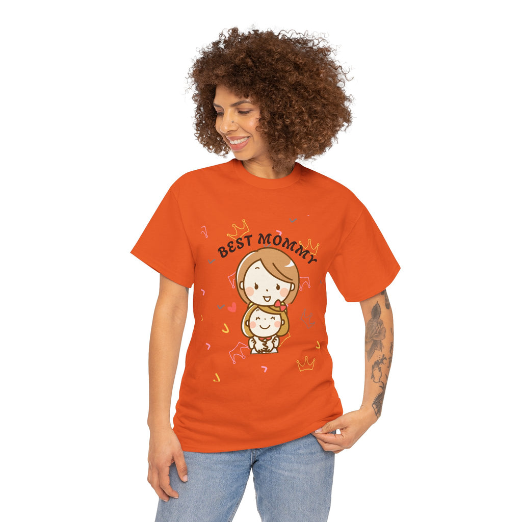 Woman wearing an orange t-shirt with 'Best Mommy' design on a white background