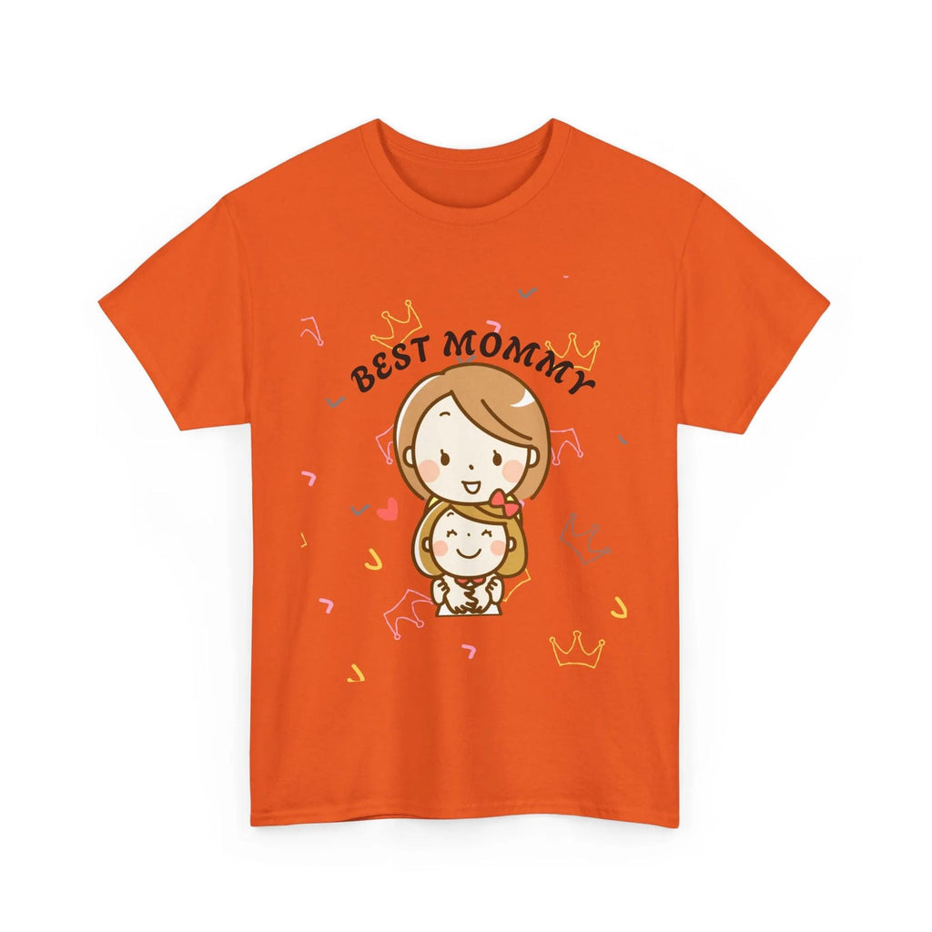 Orange t-shirt with 'Best Mommy' graphic design on a white background