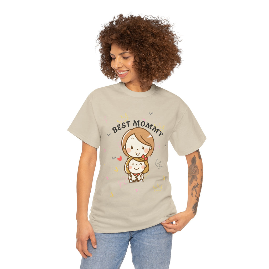 Woman wearing a Sand t-shirt with 'BEST MOMMY' text and cartoon character on a white background