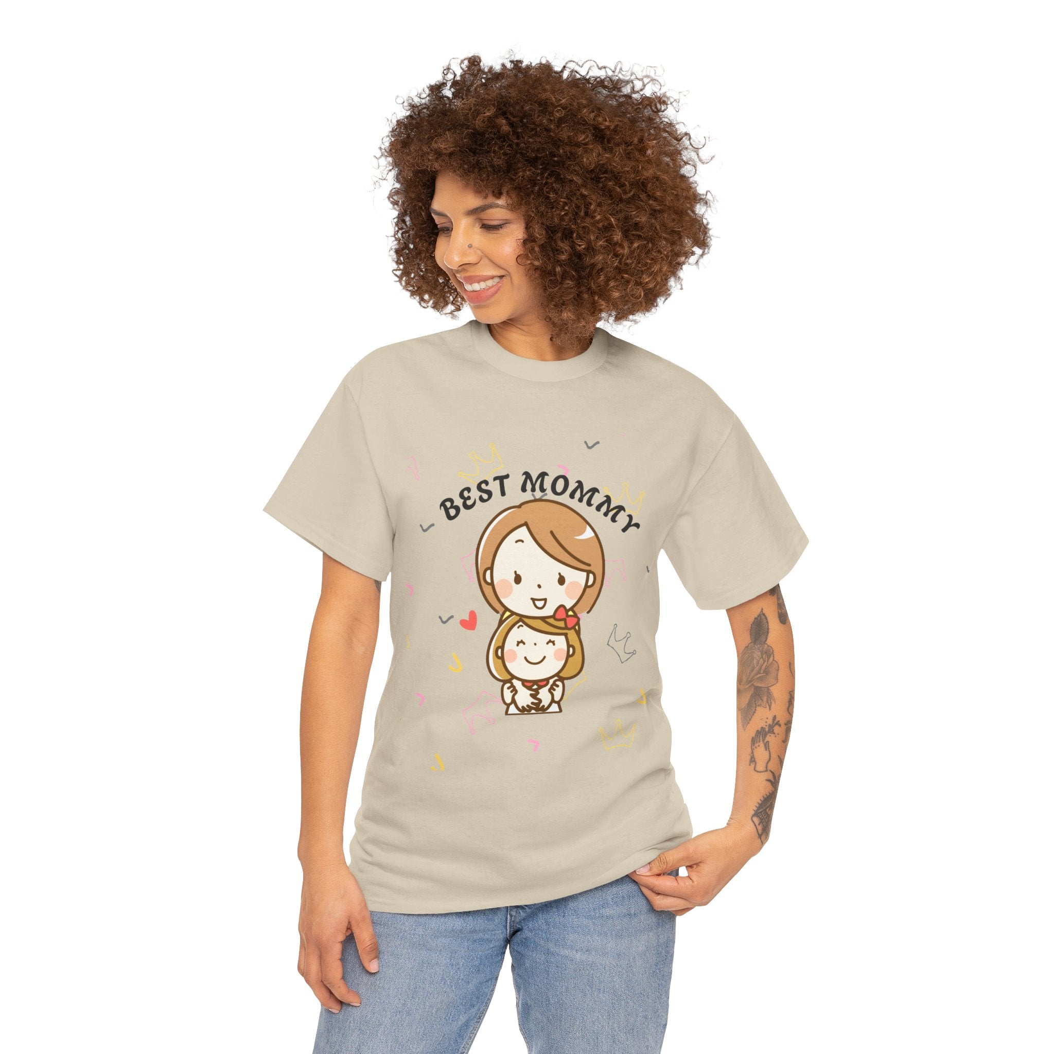 Woman wearing a Sand t-shirt with 'BEST MOMMY' text and cartoon character on a white background