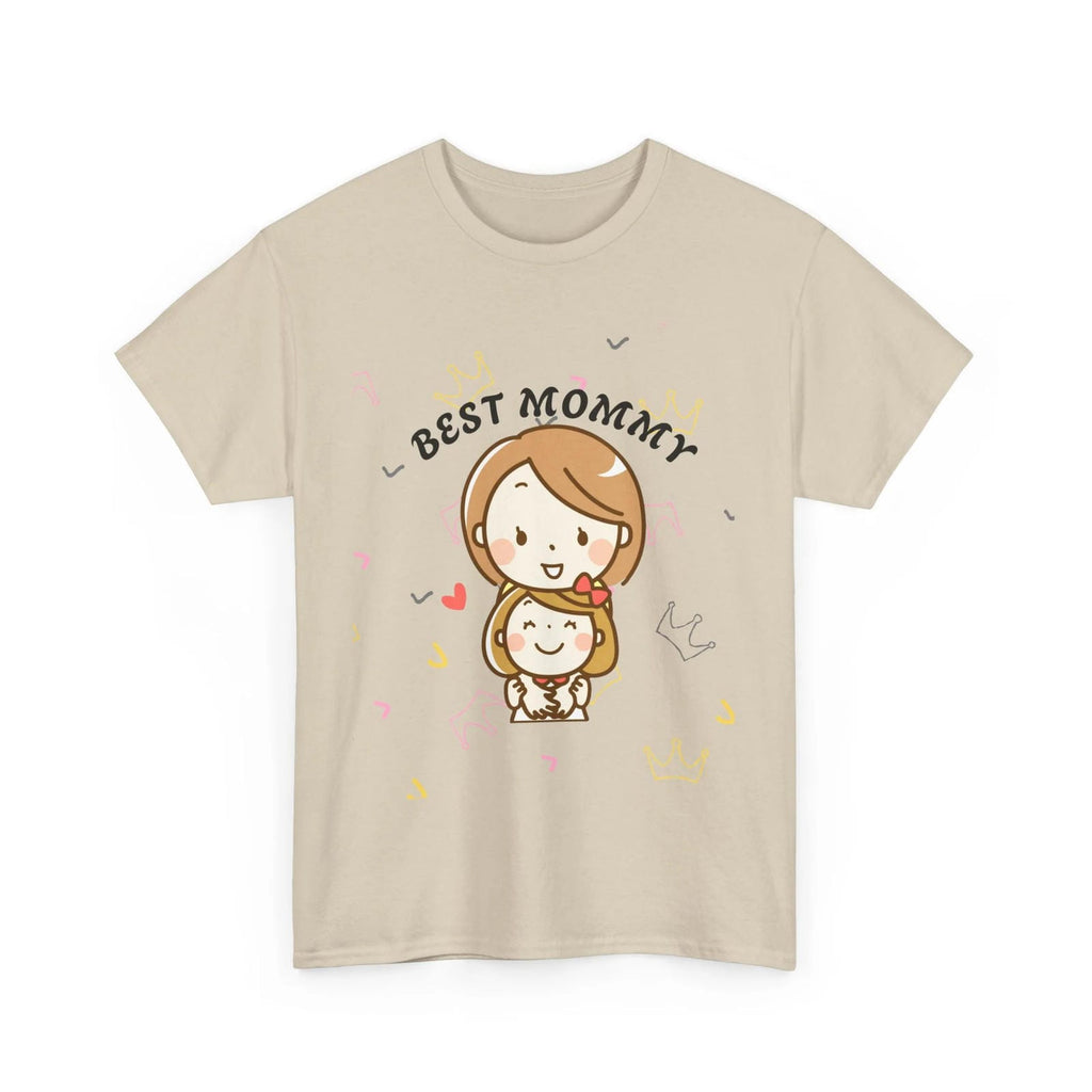 Sand t-shirt with 'Best Mommy' text and cartoon graphics on a white background