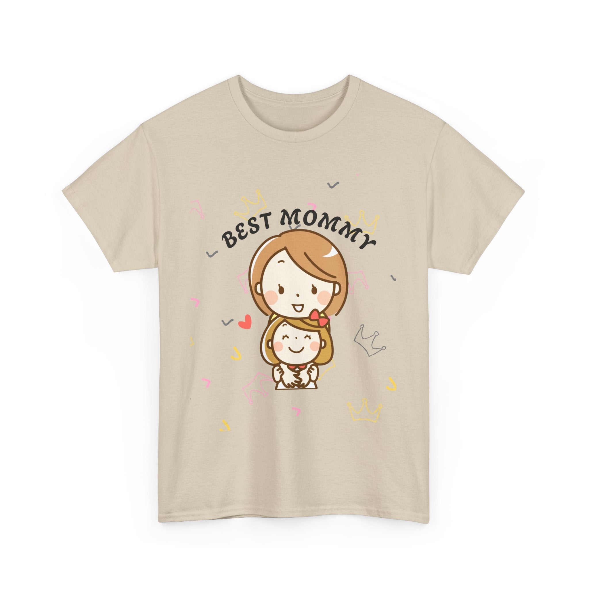 Sand t-shirt with 'Best Mommy' text and cartoon graphics on a white background