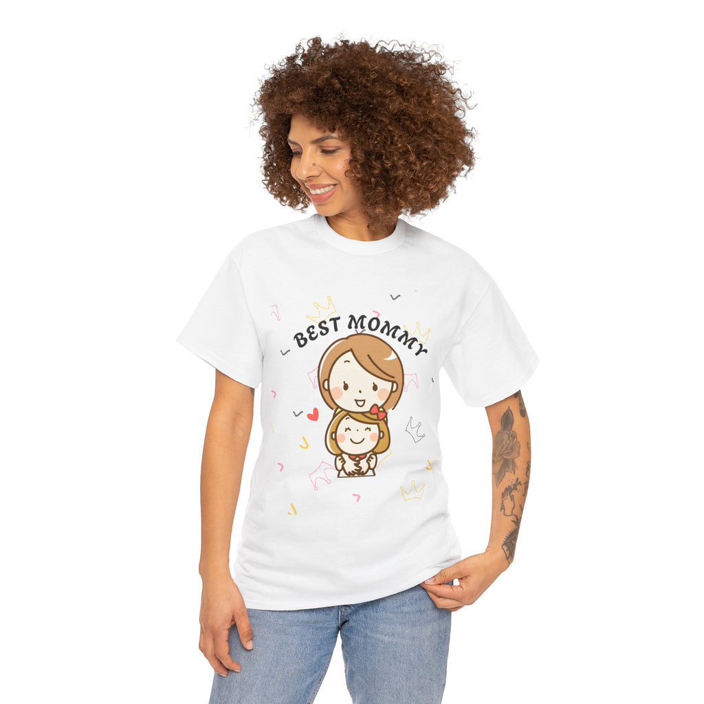 Woman wearing a white t-shirt with 'Best Mommy' graphic design on a white background