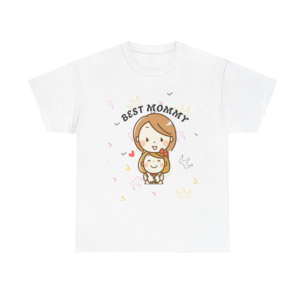 White t-shirt with 'Best Mommy' graphic design on a white background