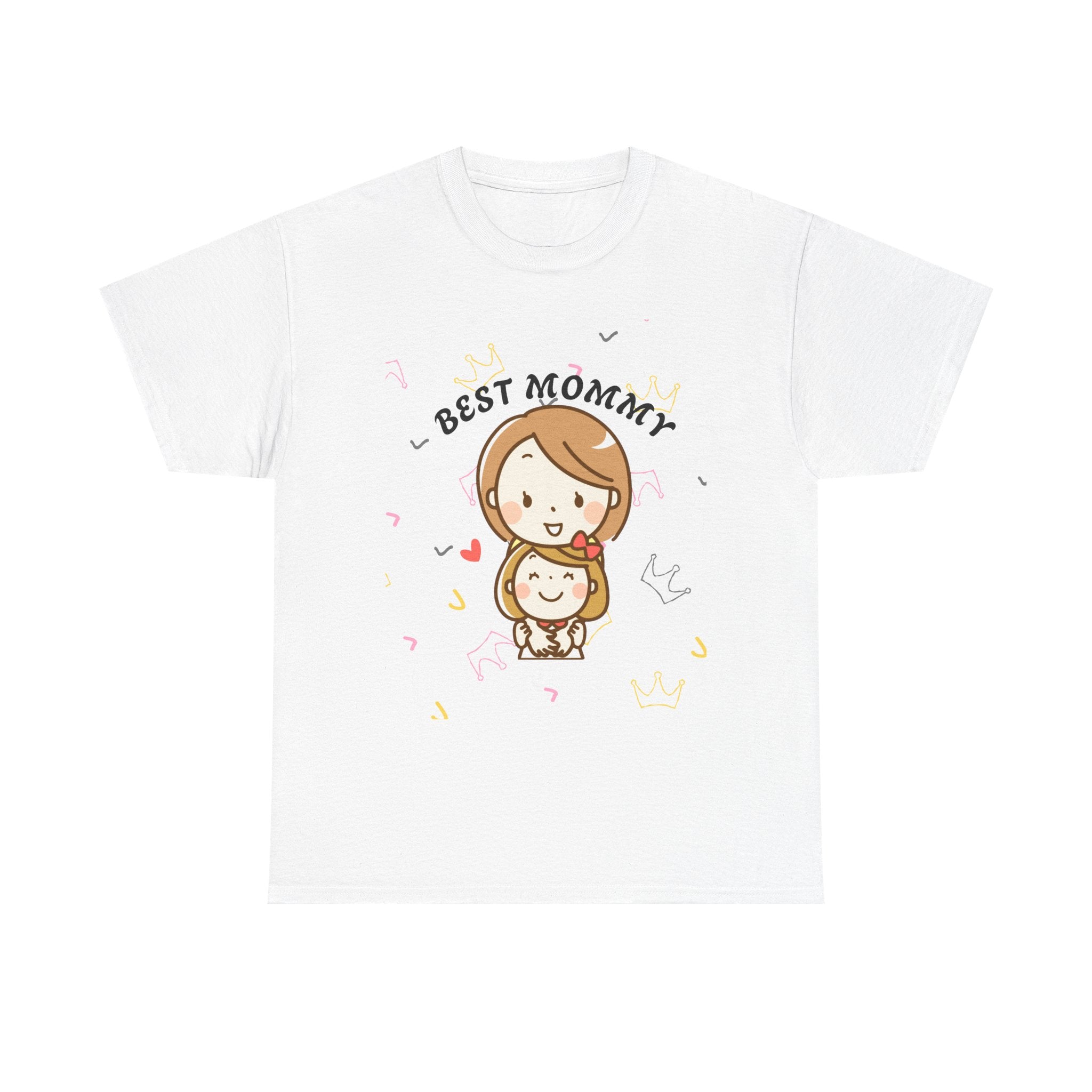 White t-shirt with 'Best Mommy' graphic design on a white background