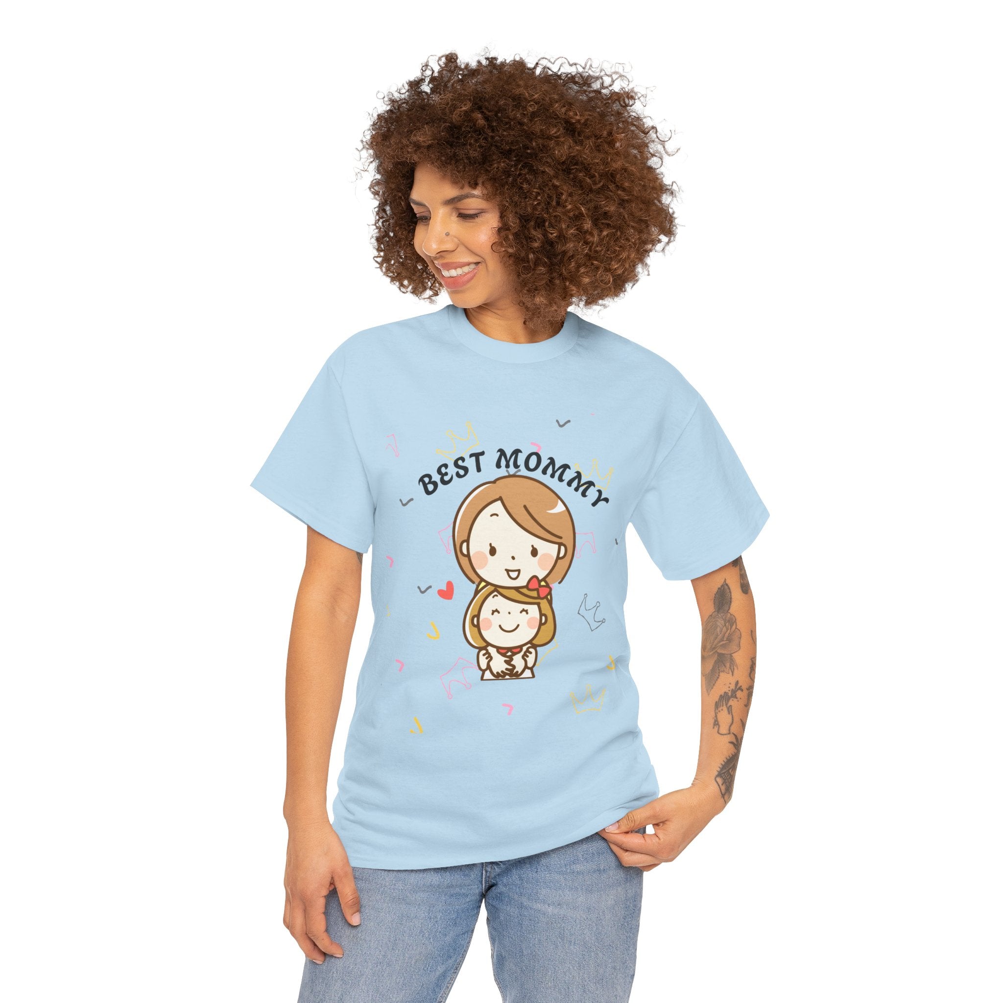 Woman wearing a light blue t-shirt with a graphic and text 'BEST MOMMY' on a white background