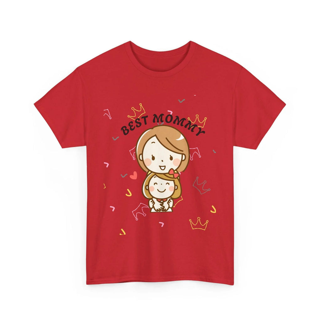 Red t-shirt with cartoon design of two children and 'Best Mommy' text on a white background