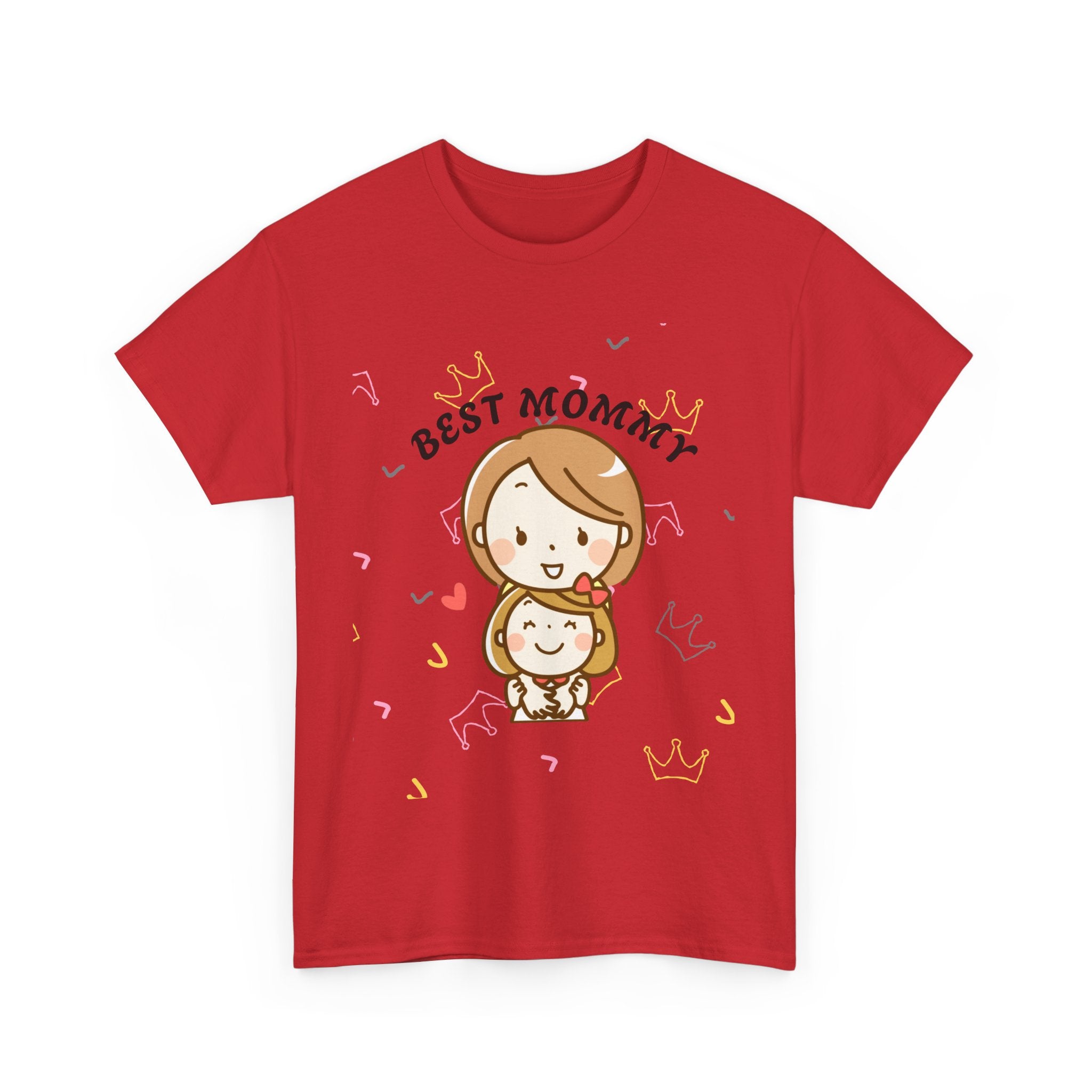 Red t-shirt with cartoon design of two children and 'Best Mommy' text on a white background