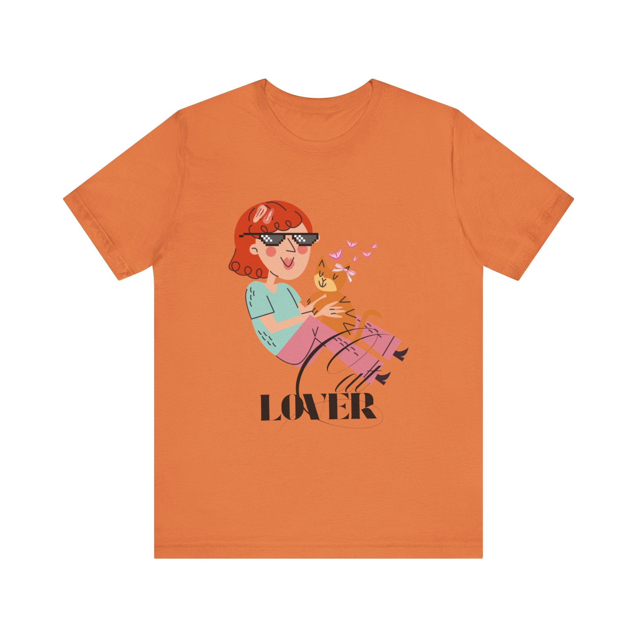 Burnt Orange t-shirt with a graphic of a person holding a cat and the word 'Cat LOVER' on a white background