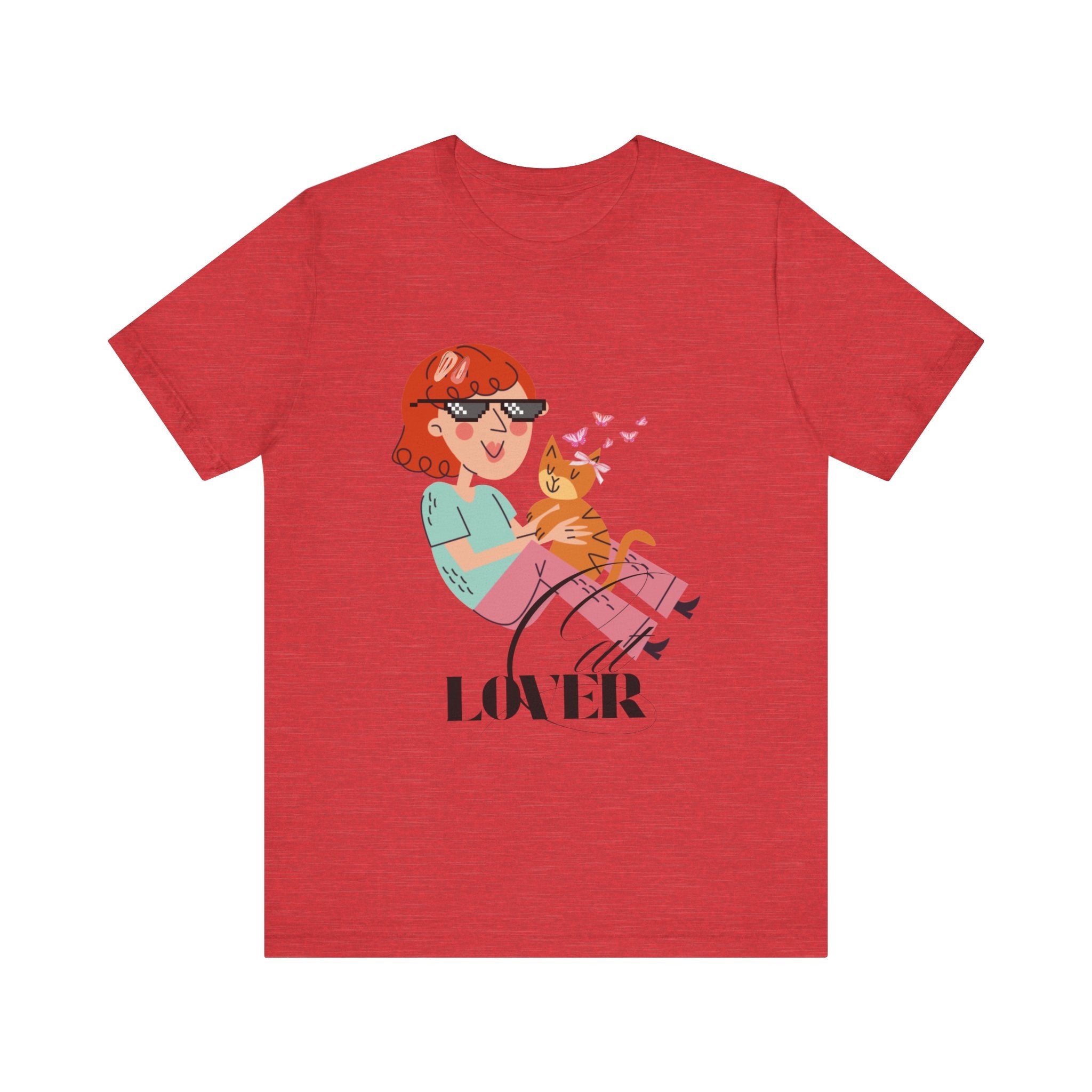 Heather Red t-shirt with a graphic of a person holding a cat and the word 'Cat LOVER' on a white background