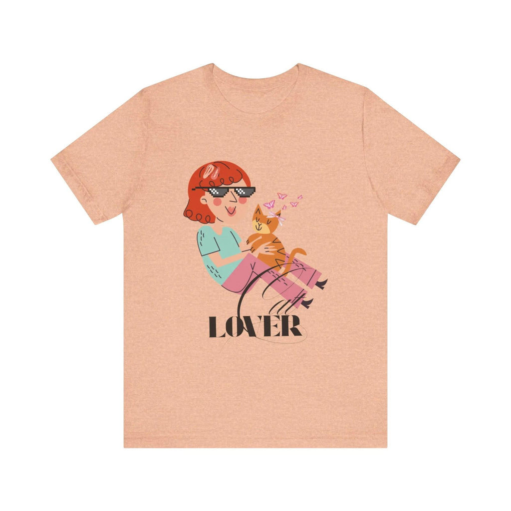 Heather Peach t-shirt with a graphic of a woman holding a cat and the word 'Cat LOVER' on a white background.