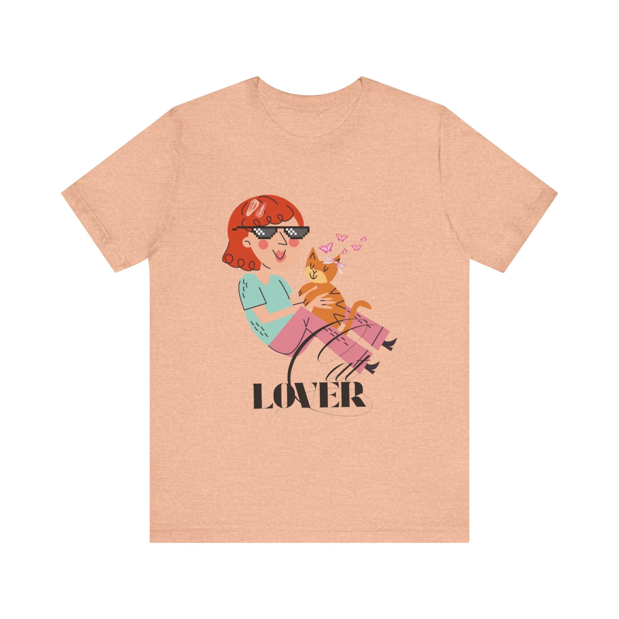 Heather Peach t-shirt with a graphic of a woman holding a cat and the word 'Cat LOVER' on a white background.