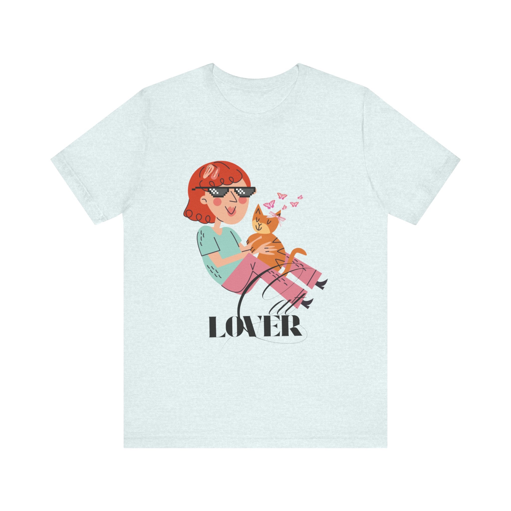 Heather Ice blue t-shirt with a graphic of a person holding a cat and the word 'Cat LOVER' on a white background.