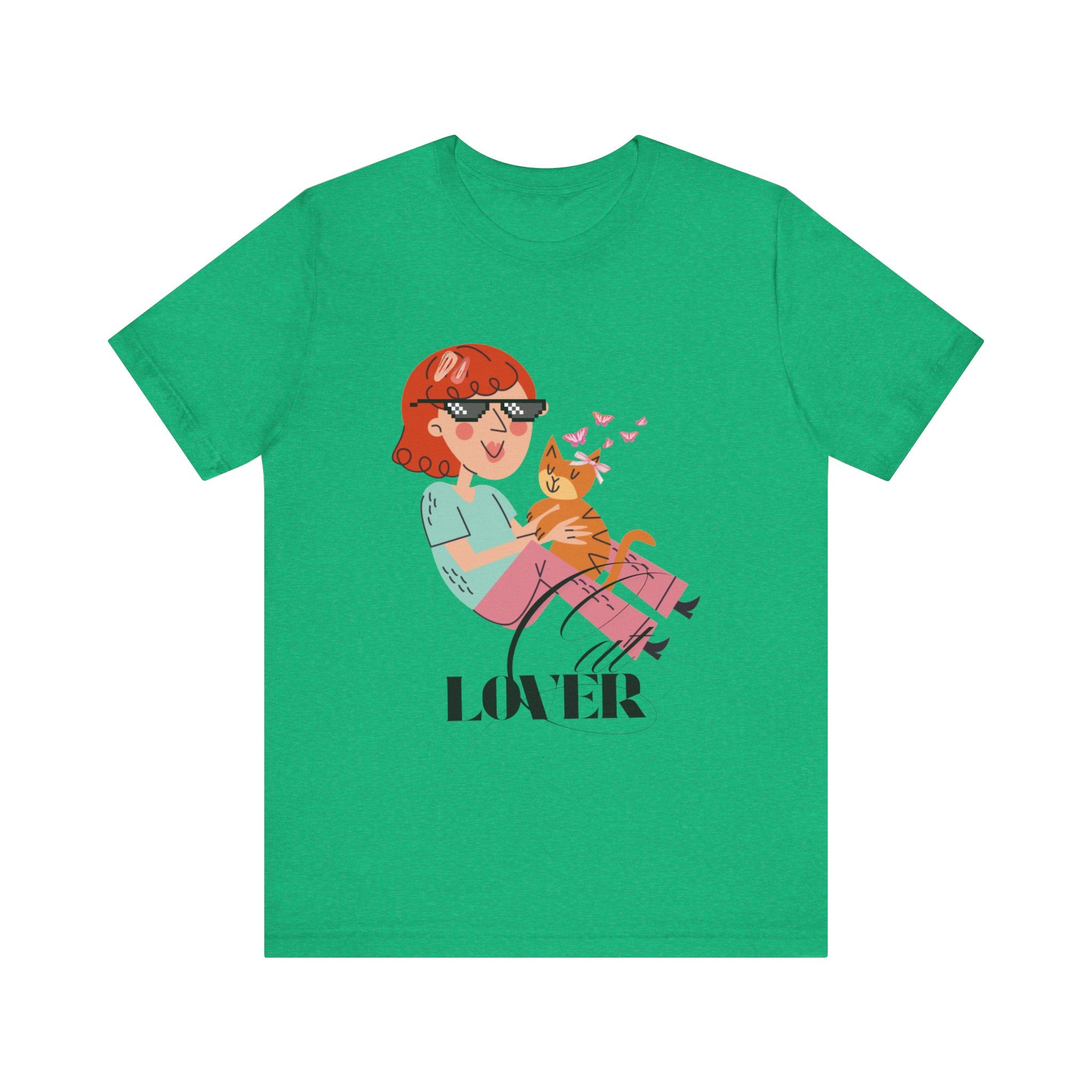 Heather Kelly t-shirt with a graphic of a person and cat, and the word 'Cat LOVER' on a white background.