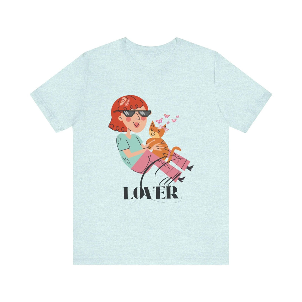Heather Prism Ice blue t-shirt with a graphic of a person holding a cat and the word 'Cat LOVER' on a white background.