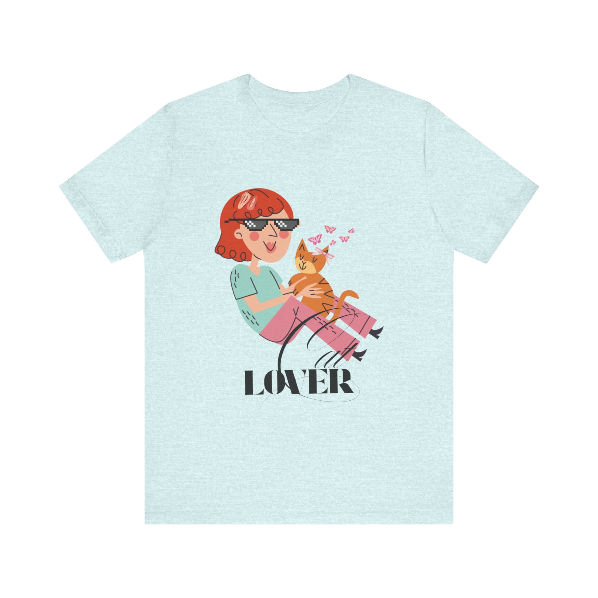 Heather Prism Ice blue t-shirt with a graphic of a person holding a cat and the word 'Cat LOVER' on a white background.