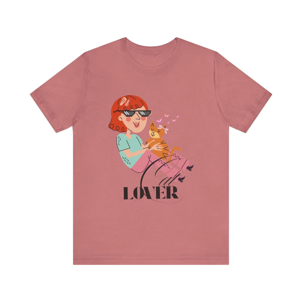Mauve t-shirt with a graphic of a woman and cat, and the word 'Cat LOVER' on a white background.