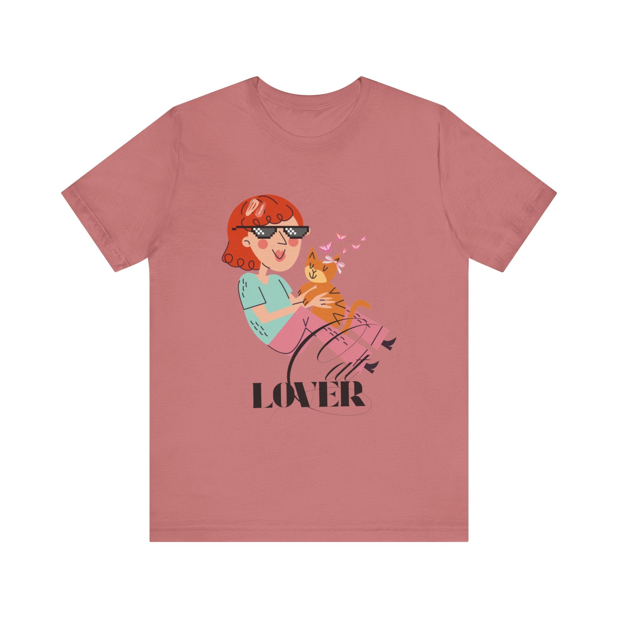 Mauve t-shirt with a graphic of a woman and cat, and the word 'Cat LOVER' on a white background.