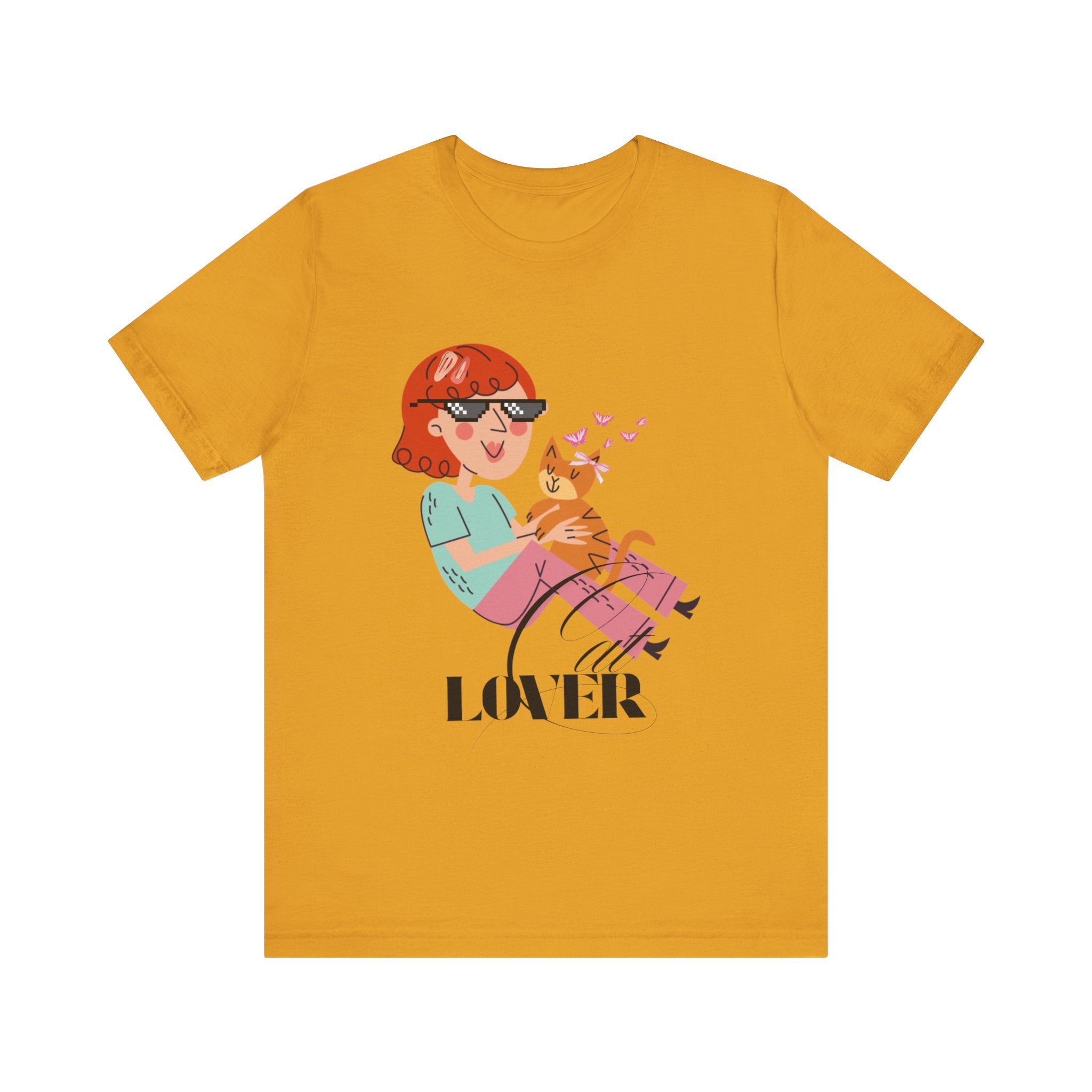 Mustard t-shirt with a graphic of a person holding a dog and the word 'Cat LOVER' on a white background