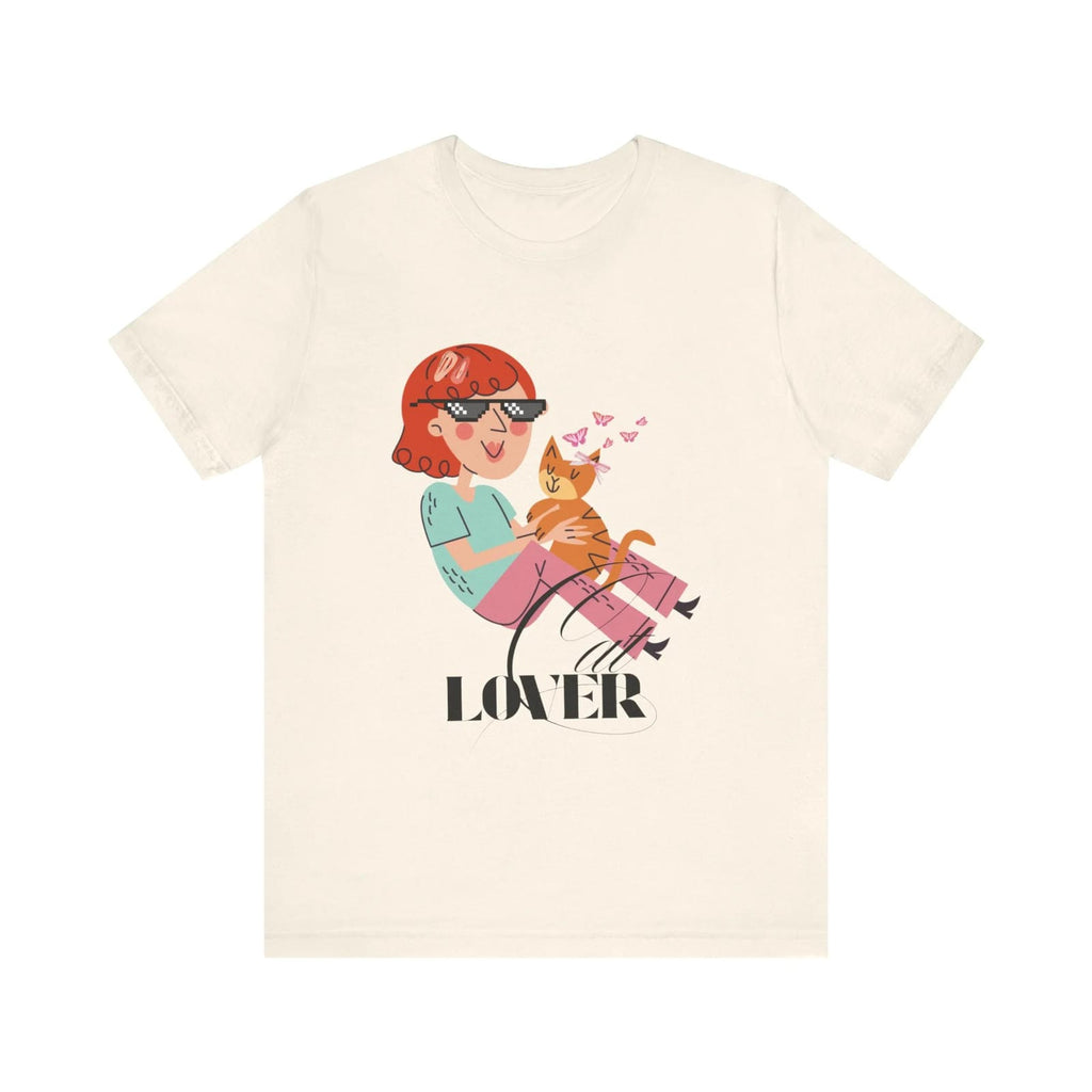 Natural t-shirt with a graphic of a person holding a cat and the word 'Cat LOVER' on a white background