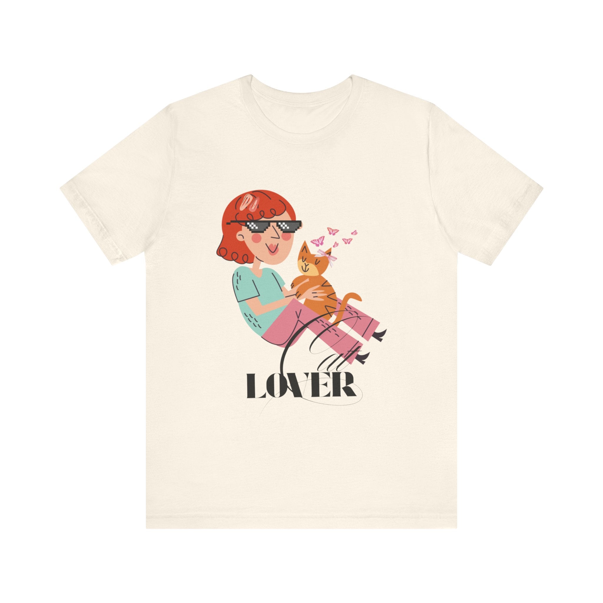 Natural t-shirt with a graphic of a person holding a cat and the word 'Cat LOVER' on a white background