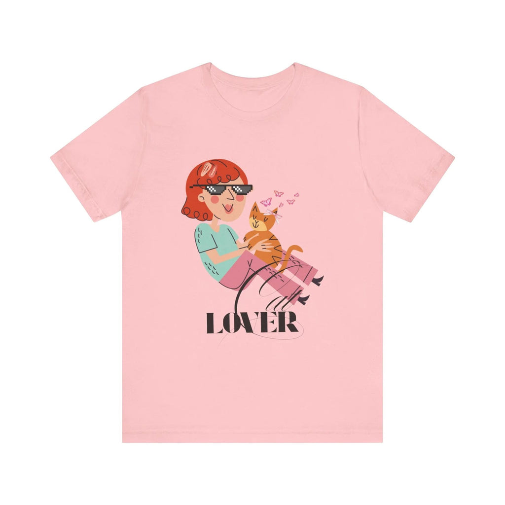 Pink t-shirt with a graphic of a person holding a cat and the word 'Cat LOVER' on a white background.