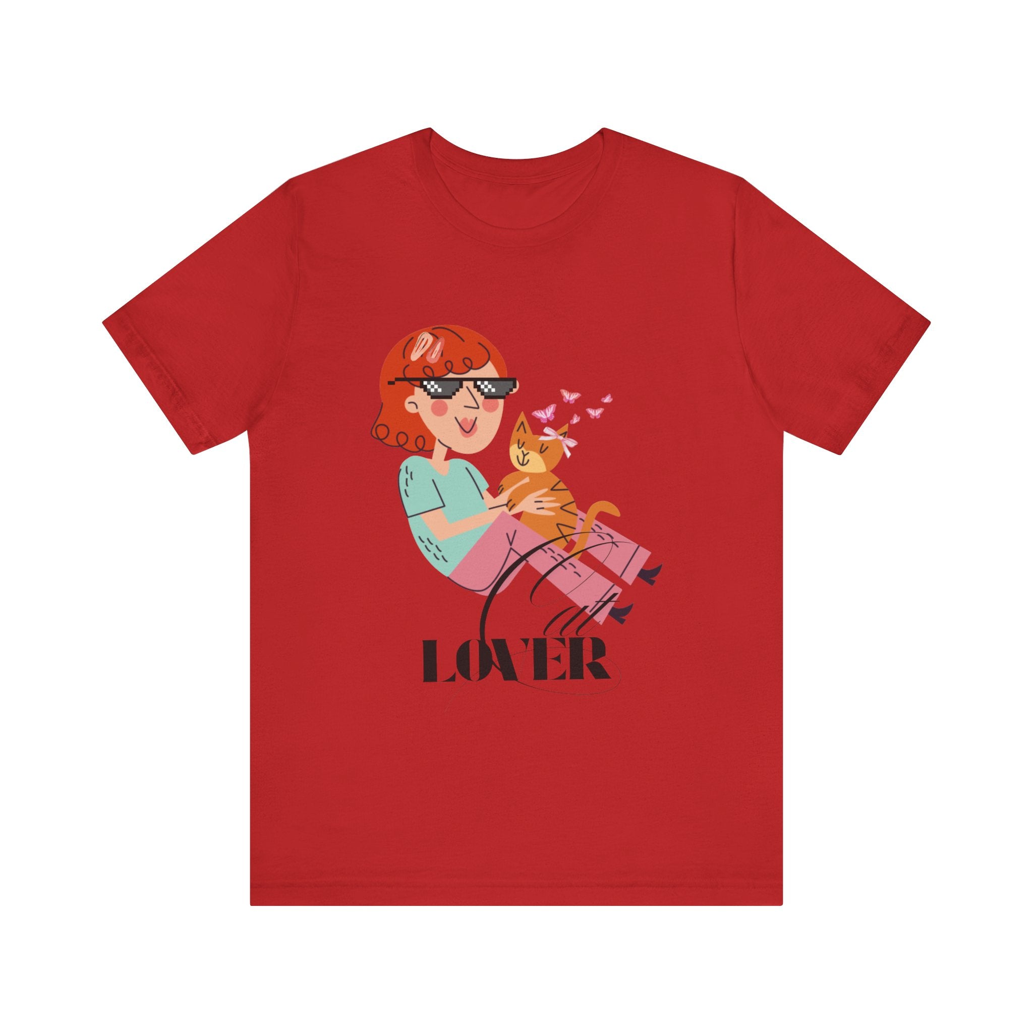 Red t-shirt with a graphic of a person and cat, and the word 'Cat LOVER' on a white background.