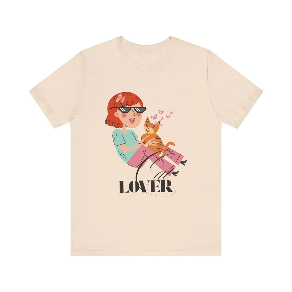 Soft Cream t-shirt with a graphic of a person holding a cat and the word 'Cat LOVER' on a white background
