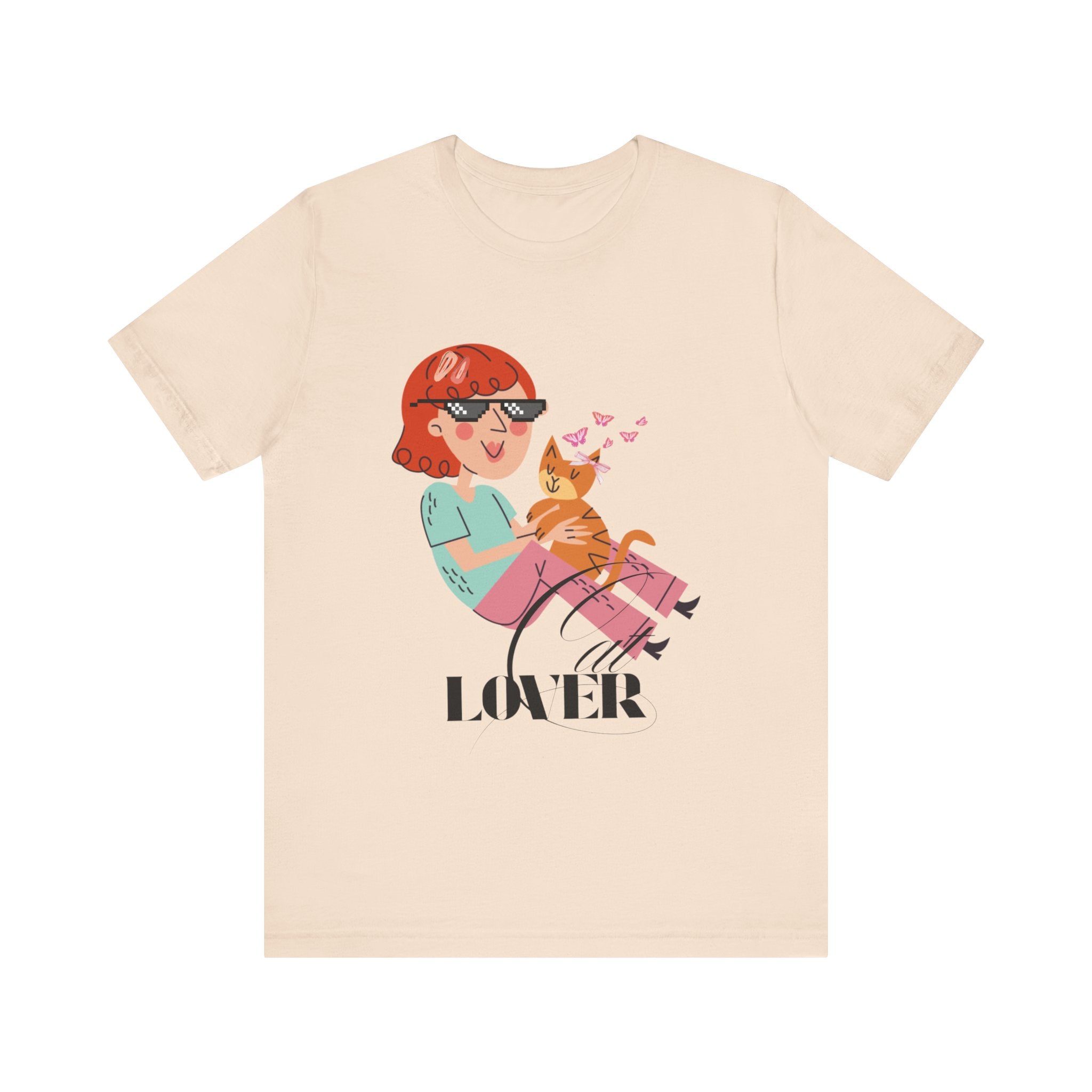 Soft Cream t-shirt with a graphic of a person holding a cat and the word 'Cat LOVER' on a white background