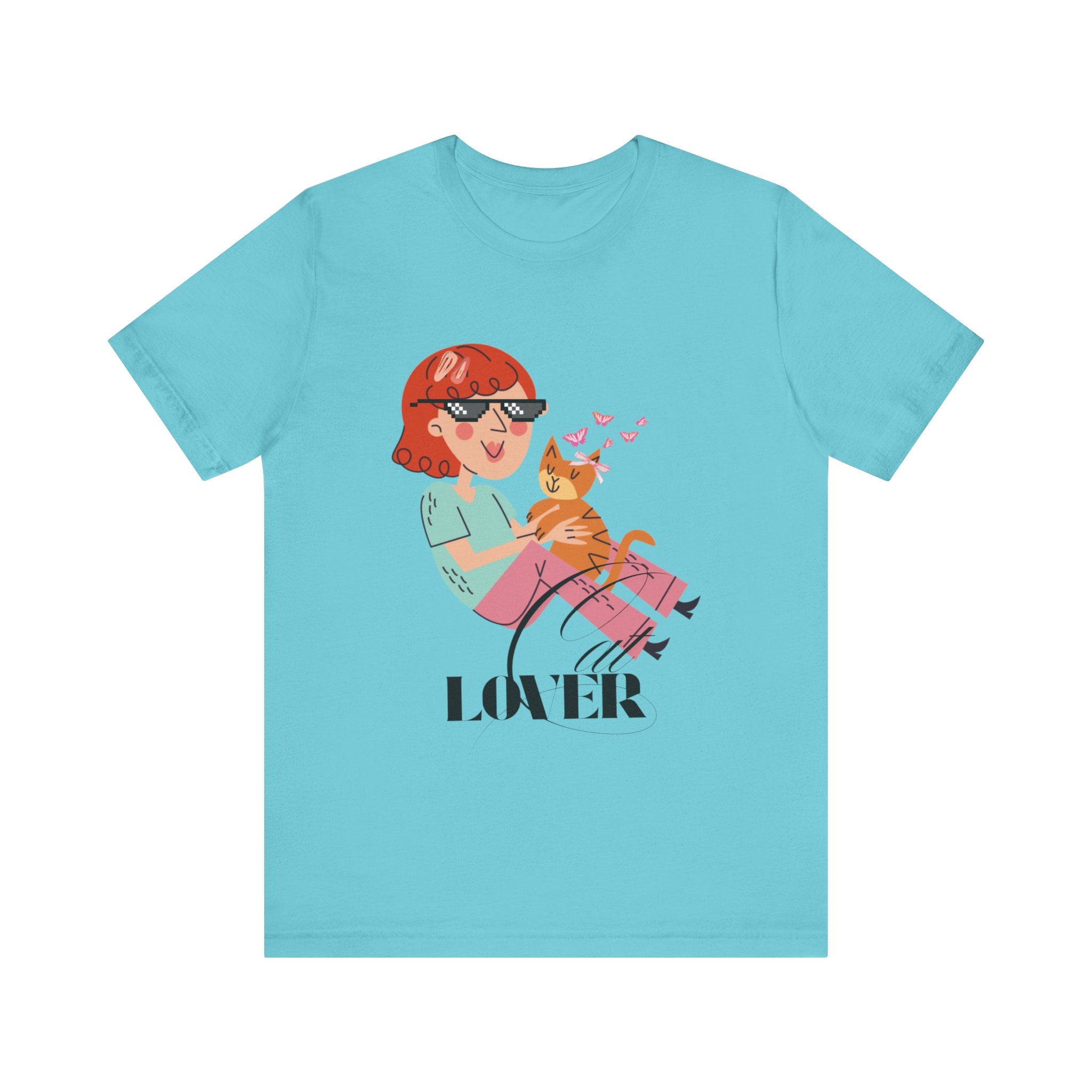 Turquoise t-shirt with a graphic of a person holding a cat and the word 'Cat LOVER' on a white background.