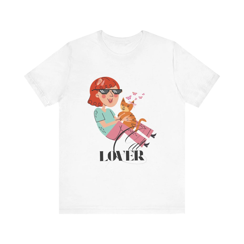 White t-shirt with a graphic of a person holding a cat and the word 'Cat LOVER' on a white background