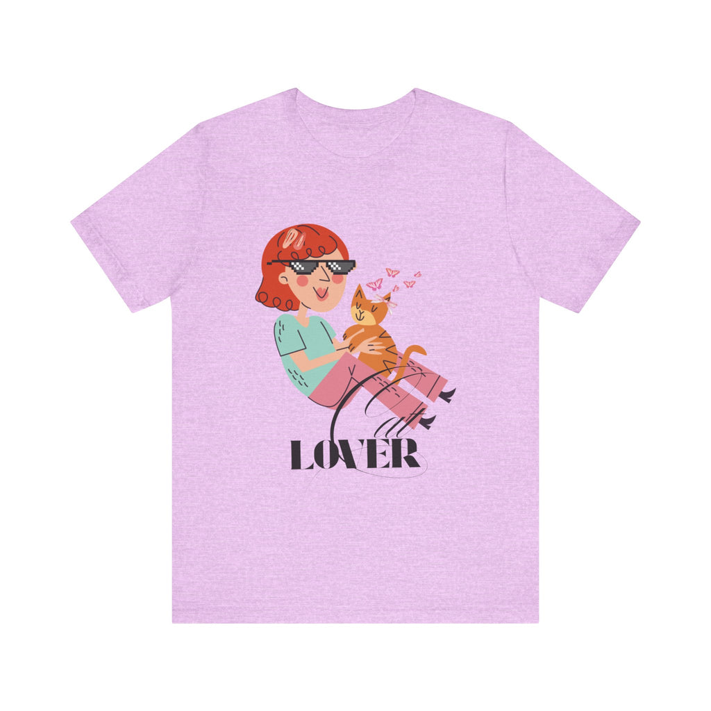 Heather Prism Lilac t-shirt with a graphic of a person holding a cat and the word 'Cat LOVER' on a white background.