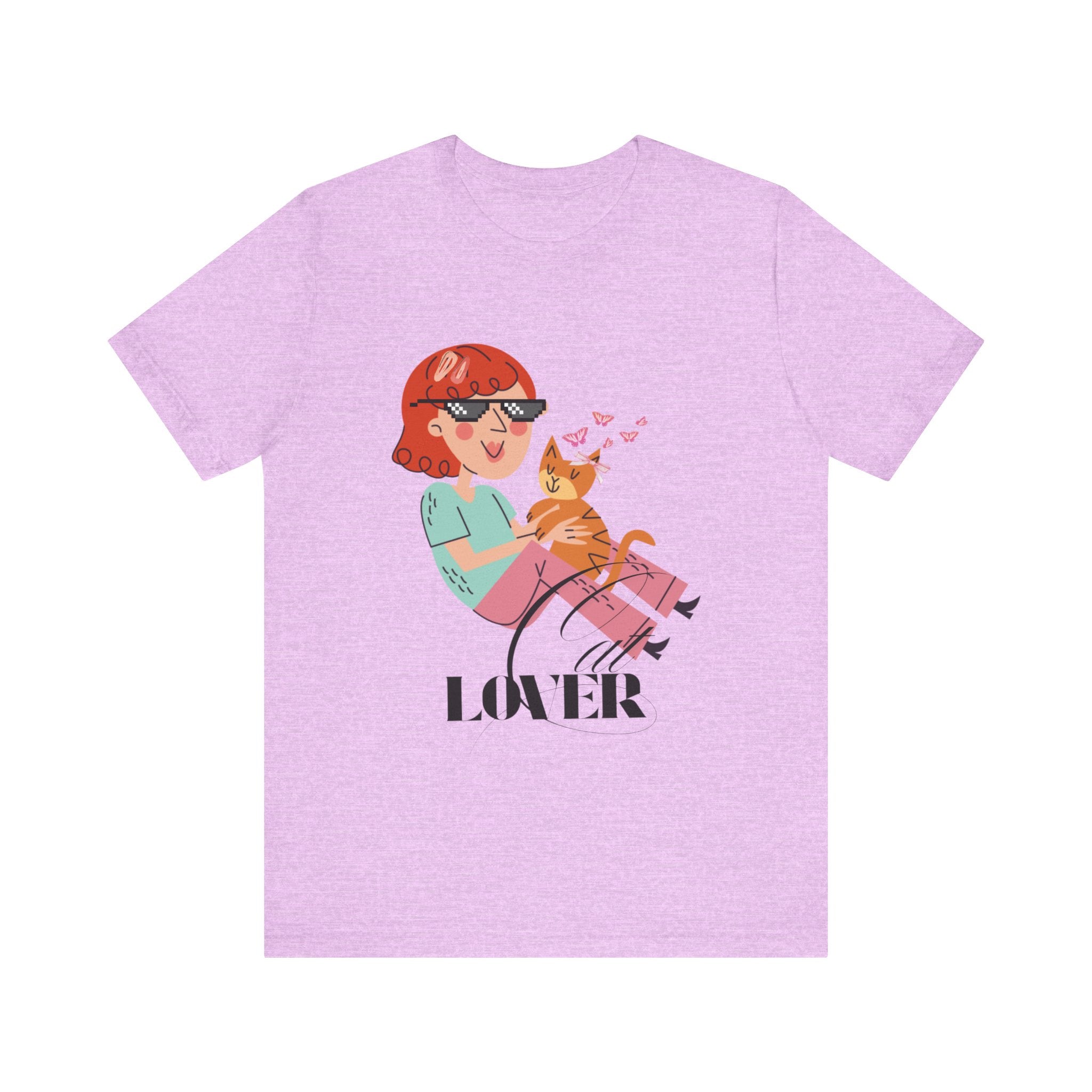 Heather Prism Lilac t-shirt with a graphic of a person holding a cat and the word 'Cat LOVER' on a white background.