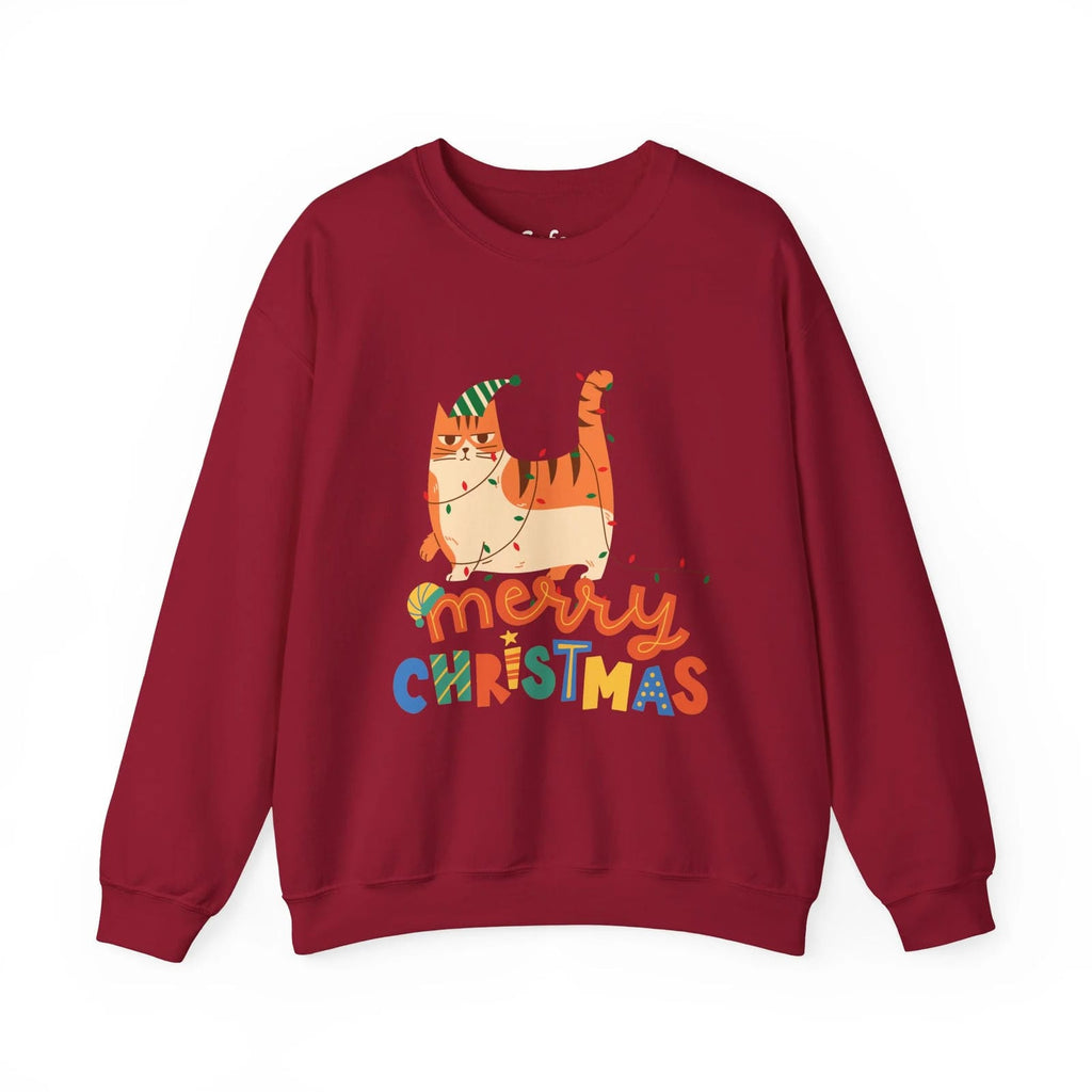 Cherry Red sweatshirt with a Christmas-themed cat design on a white background
