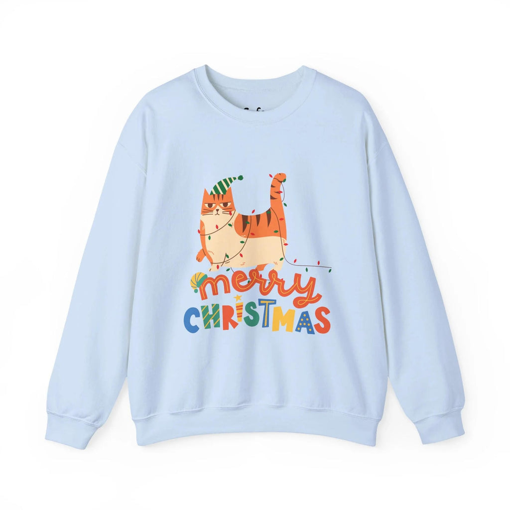 Light blue sweatshirt with a Christmas-themed design featuring a cat and colorful text on a white background.