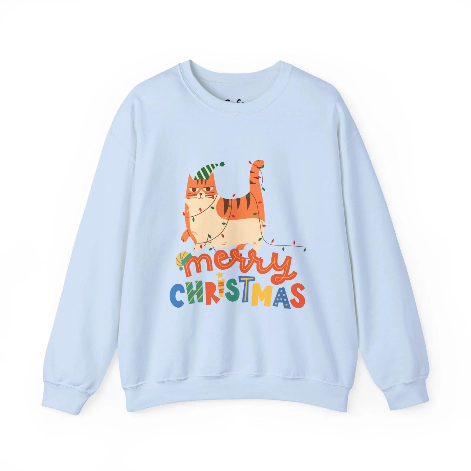 Light blue sweatshirt with a Christmas-themed design featuring a cat and colorful text on a white background.
