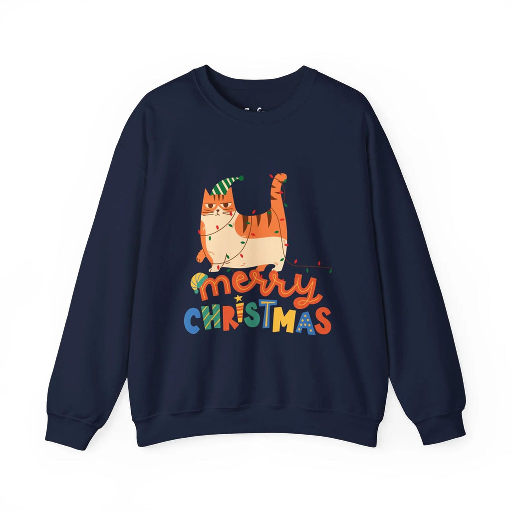 Navy blue sweatshirt with a Christmas-themed cat design on a white background
