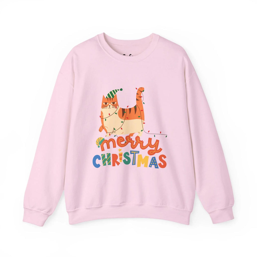 Pink sweatshirt with a cat and 'Merry Christmas' text on a white background