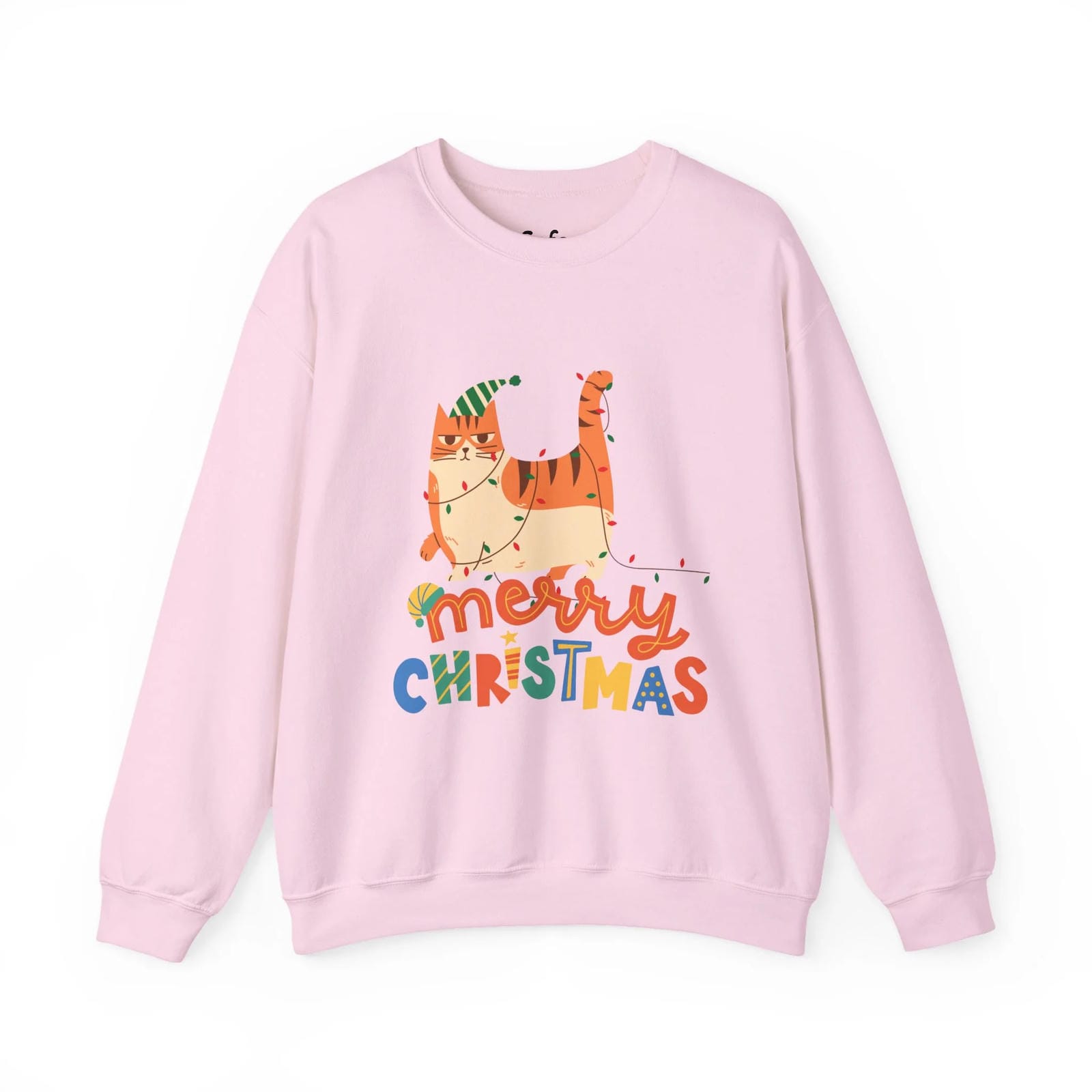 Pink sweatshirt with a cat and 'Merry Christmas' text on a white background