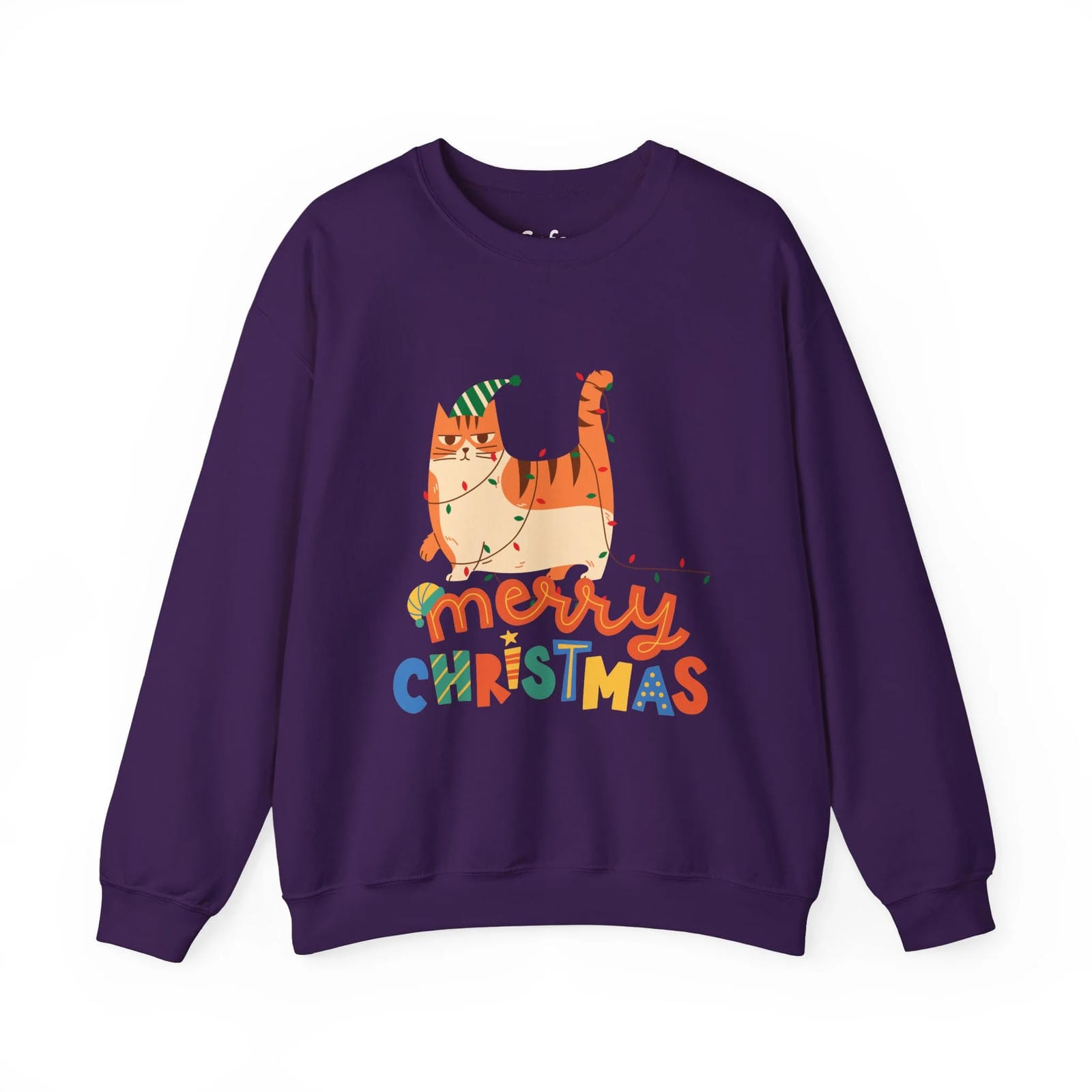 Purple sweatshirt with a Christmas-themed design featuring a cat and colorful text on a white background.