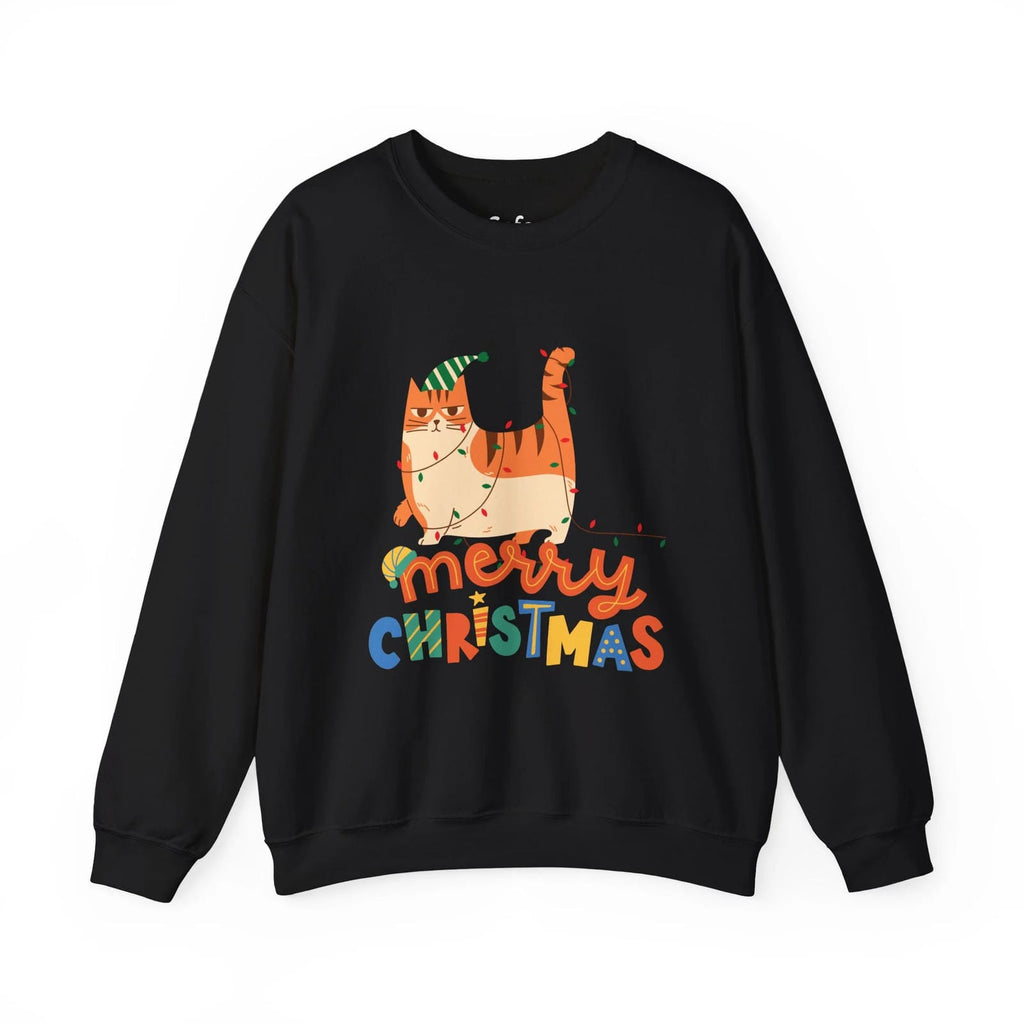 Black sweatshirt with a Christmas-themed design of a cat and 'Merry Christmas' text on a white background.