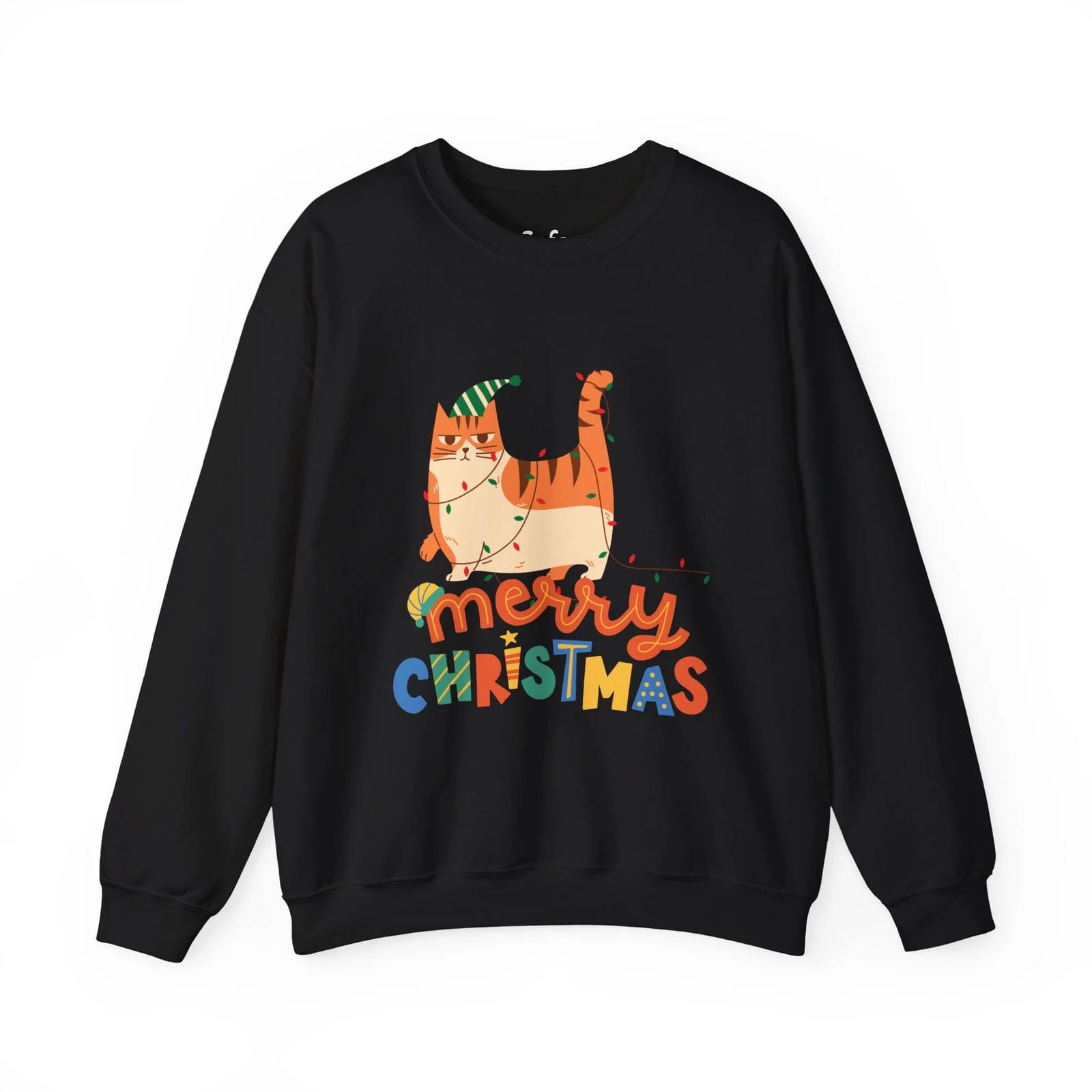 Black sweatshirt with a Christmas-themed design of a cat and 'Merry Christmas' text on a white background.