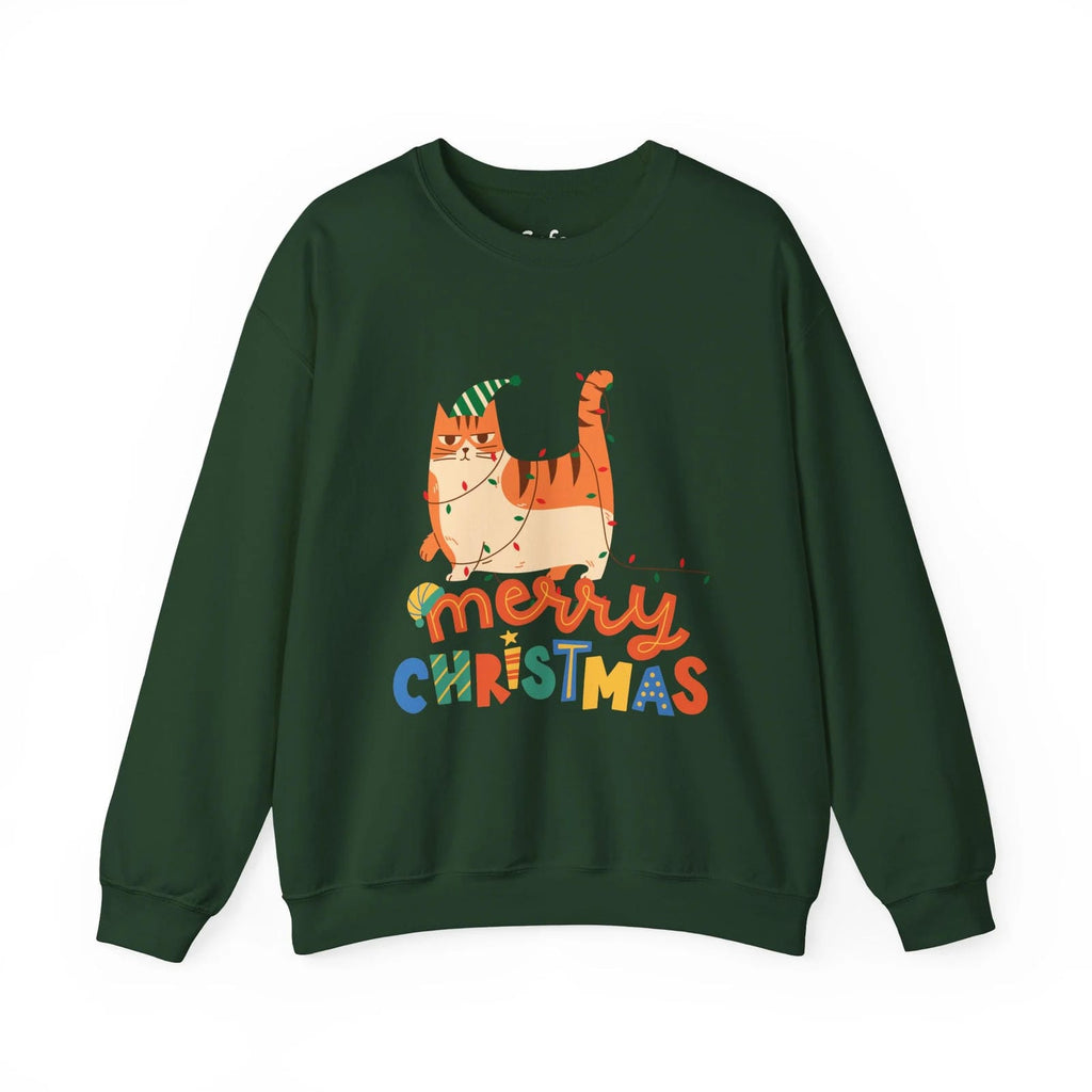 Green sweatshirt with a Christmas-themed design featuring a cat and colorful text on a white background.