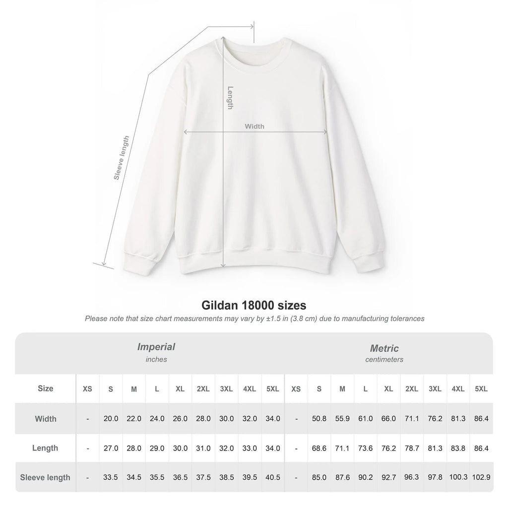 White sweatshirt with measurement chart on a white background
